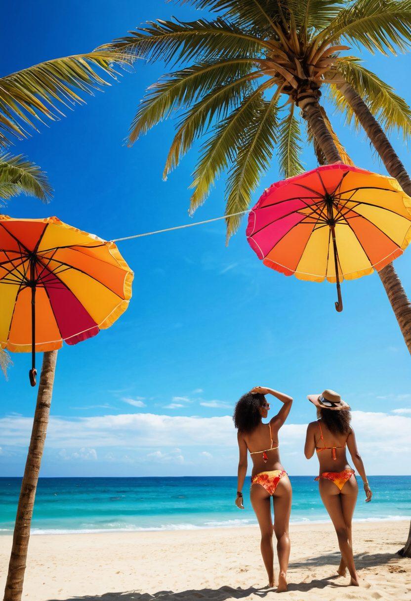 A vibrant beach scene showcasing stylish bikinis hung on a sunlit clothesline swaying in the breeze, with a backdrop of azure waves and golden sands. Nearby, a fashionable beach umbrella and a pair of chic sunglasses create an inviting summer vibe. Models of diverse body types and ethnicities wearing the bikinis are enjoying the sun, framed by palm trees. The overall atmosphere is lively and colorful, evoking a sense of fun and relaxation. bright colors. summer vibe. vibrant beach aesthetic.
